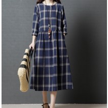 아이엠몽 여성 체크무늬 코튼 린넨 긴팔 롱원피스 메어린