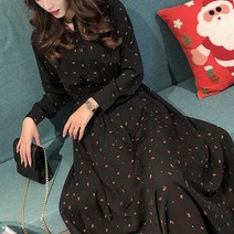 에블 대박걸 큐티 빨간 튤립 허리 밴딩 긴팔 블랙 캐주얼 원피스 S-2XL