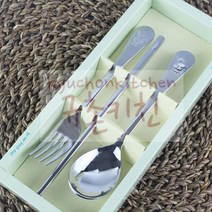 리빙랜드 [규촌키친] 어린이 센딩 토끼와 고양이 3p 수저+저분+포크 세트 (스푼포크저분 어린이수저 어린이숟가락 이유식숟가락 이유식저분 간식용스푼 식사예절 어린이저분), 1개