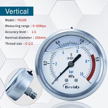 압력계 Outest 방진 0-60mpa 압력 게이지 직경 100mm 나사 g12 g14 오일 유압 물 공기 방사형 축 압력계, 0-1mpa, 반 실