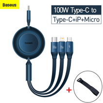 베이스어스 100W C타입 3in1 멀티 데이터 고속충전케이블 벨크로밴드 포함, 블루+밴드