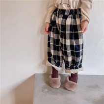 도오빠 보드체키 아동 기모 겨울 바지 체크무늬 패턴 밴딩 방한 배기핏 캐주얼. 팬츠 여아 남아 공용 키즈 주니어 어린이