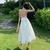 KORELAN 복고풍 새틴 한 슈퍼 요정 흰색 서스펜더 드레스 해변 휴가 스타일 오픈 백 비치 롱 스커트 여성 여름