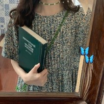 여름 저녁-모네가든 그린 플라워 원피스 여 여름 쉬폰 스커트 허리가 접혀 날씬해 보이는 플리츠 0806