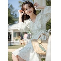 DFMEI 봄 브이넥 스위트 일본계 학원 플레어스커트 쉬폰 긴팔 플라워 원피스 스커트