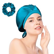 Kenllas 22-Momme 100% 멀버리-실크 보닛 - 천연 퓨어 실키 슬립 캡 랩 여성용 헤어 케어 커버 리본 및 탄성 밴드 포함 (블랙 - 싱글 레이어), Peacock Blue - Single Layer