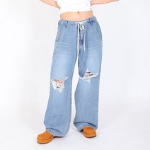 크랙 데미지 로우라이즈 데님 팬츠 (와이드팬츠 와이드바지 와이드청바지 찢어진청바지 데미지진 밴딩팬츠 밴딩데님 밴딩청바지 공용청바지 커플룩 커플팬츠 커플청바지 루즈핏 벌룬데님팬츠)