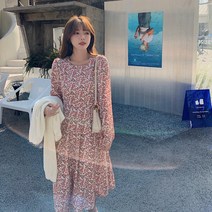 ROGBID 봄신상 여성복 작은 네크라인 잔꽃 허리 여밈 시폰원피스