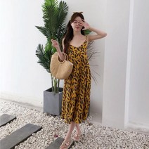 마롱패션 끈 나시 원피스 낙옆 패턴 낙 헤어 밴드 세트 브이넥