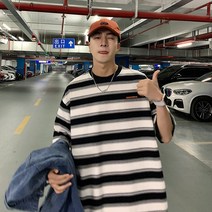 빈티지 스트릿 복고풍 반팔 티셔츠 흑백 스트라이프 반팔 티셔츠 남성 여름 커플 미국 복고풍 코튼 오버핏 일본 옷