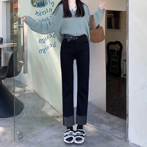 여자데님청바지 연청 데미지 깔끔한 미디웨스트 일자 페미닌 워싱 스판 멜빵 부츠컷