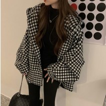 루즈핏 후드 코트 하운드 체크 하프자켓 여자 여성 코트