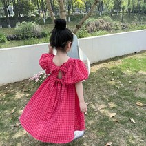 PigPug 여자 어린이 치마 거품 소매 체크 끈 원피스 공주 치마