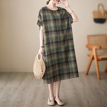풍기인견 50대 엄마옷 중년 원피스 빅사이즈 여름 린넨 체크 라운드넥 박시핏 나들이