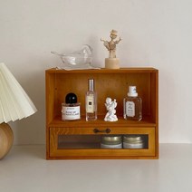 엔틱 유리 진열장 수납장 선반 쇼케이스 빈티지 우드 미니 캐비닛 서랍장 디스플레이, B.밝은 나무 색상