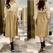 셔츠카라 랩 롱원피스 뒷밴딩 스트라이프 긴팔 A라인 여자 봄 간절기 베이지 네이비