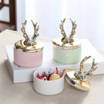 사슴 도자기 인테리어 소품 보관함 악세사리 정리함 쥬얼리 보석함, 골드화이트, 1개