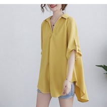 중년 여성 여름 빅사이즈 카라넥 루즈핏 언발 7부 쉬폰 셔츠 블라우스