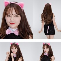 귀여운 고양이 분장 핑크 머리띠 넥타이 꼬리 3종 세트 귀 나비 푸치샤 파티 공연, 핑크고양이머리띠(푸치샤)3종세트