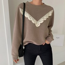 로로텐 브이 레이스 라운드넥 티셔츠 긴팔 여성 빅사이즈