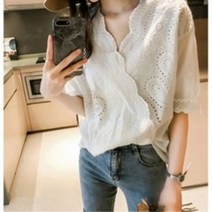 루즈핏 펀칭 블라우스 랩 셔츠 심플 남방 여름 얇은 여친 룩 레이스 브이넥 7부 빅사이즈