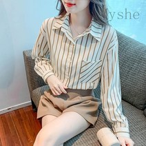 [Myshe]봄 패션 정장 스트라이프 블라우스 여성 쉬폰 블라우스 juan225D1