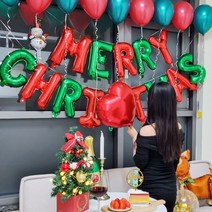 메리 크리스마스 실속 파티 토퍼 포함 풀 세트 (펄풍선+이니셜풍선+눈사람풍선+케이크토퍼), 레드+그린+ 토퍼: 홀로그램