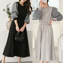 러브포텐 여성 체크 긴팔 롱원피스 허리밴딩 플레어A라인 롱 원피스 캐주얼 체크포인트 가을 원피스