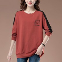 엄마 가을 간팔 티셔츠 중년 여성 순면 엄마옷 루즈핏 라운드넥 상의 캐주얼 심플 긴팔 티셔츠 빅사이즈