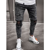 남자 명품 청바지 streetwear 남성용 무릎 찢어진 스키니 청바지 힙합 패션 파괴 구멍 바지 솔리드 컬러 남성 스트레치 데님 바지