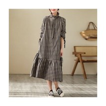 린넨 원피스 봄 여성 레드 체크 터틀넥 레트로 코튼 린넨긴팔 싱글 미디 셔츠 드레스