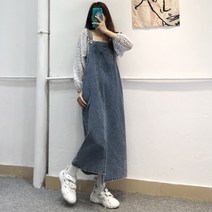 멜빵 청치마 코디 빅사이즈 롱 스커트 원피스 여성 작업복 점프슈트 봄 가을 복고