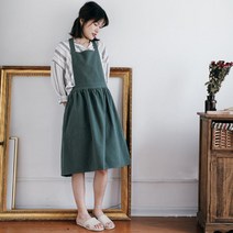 부드러운 린넨 여름 앞치마 앞치마형원피스 네일샵 여자 유니폼앞치마 홀, 다크그린