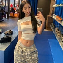 크롭티 3 실큐 피스 펀칭 반팔 티셔츠 여 구미 디자인 감각 크롭 숏 상의 슬림한 여름315862