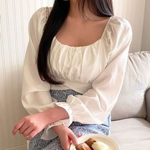 아우진 오프숄더 글램 세미크롭 뒷트임 백리본 블라우스