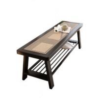 라탄 스툴 보조의자 스텝 북유럽 솔리드 우드 복도 신발 변경 의자 가정용 가구 등나무 벤치 디자이너 거실 긴 오토만, [19] Black B-120x35x42cm