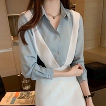 [리즈어게인] 브이라인 배색 진주 블라우스