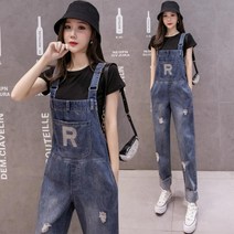 YI MING 여성용 찢청 블루 데님 멜빵 바지 주머니 멜빵바지 예쁜점프수트 F317
