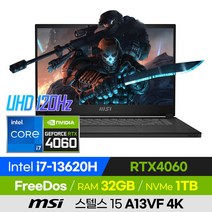 [사은품 증정!] MSI 스텔스 15 A13VF 4K 13세대 고사양 배그 롤 오버워치 로아 발로란트 슬림경량 15인치 게이밍 노트북 (코어i7-13620H/RTX4060), STEALTH 15 A13VF 4K, 윈도우 미포함, 32GB, 1TB, 코어i7, 블랙