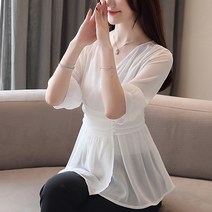 라피니 여름 한장 브이넥 허리 조이는 얇은 선샤인 화이트 블라우스 반팔 여름 블라우스 000003609