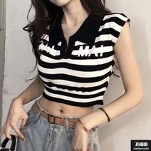 가바바 여성 크롭티 스트라이프 속 레터링 카라 반팔티셔츠 G69453