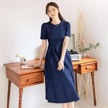 시크라인 반소매 플리츠 생지 데님 원피스