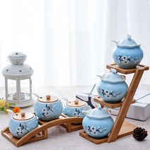 예쁜 홈스타일링 도자기 조미료통 양념병 세트, 양념통(나무뚜껑)+계단받침