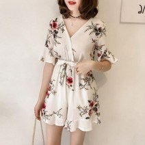 여성 점프수트 여름 와이드 휴양지 반바지 반팔 점프슈트 점프 수트 DICLOUD 플라워 쉬폰 슈트 여성용 v 넥 프린트 비치 플레이 짧은 오버올 캐주얼 보헤미안 바디