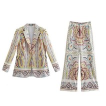 명품스타일 여성정장 의류 플라워 프린트 캐주얼 블레이저 패션 긴 소매 포켓 레트로 재킷 바지