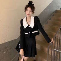 하객룩투피스 하이틴룩 봄 셋업봄 가을 블레이저 스커트 투피스 드레스 세트 패치 워크 쇼트 블랙 코트 미니 의상