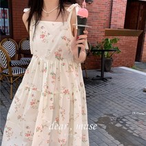 레닌 아이보리 꽃무늬 리본 어깨끈 민소매 미니 원피스
