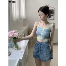 DFMEI 컬러 체크 숏 니트 쁘띠 상큼 민소매