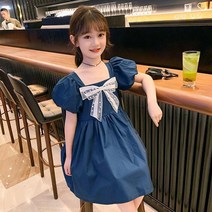 예니브여아 수퀘어 퍼프소매 리본원피스 캐주얼 여름 원피스 +사은품(색상랜덤）