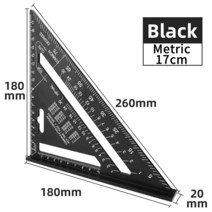두께측정기 삼각형 눈금자 측정 도구 알루미늄 합금 목수 세트 사각 각도 목공 도구 사각 미터법 시도 7 인치, 02 17cm Black
